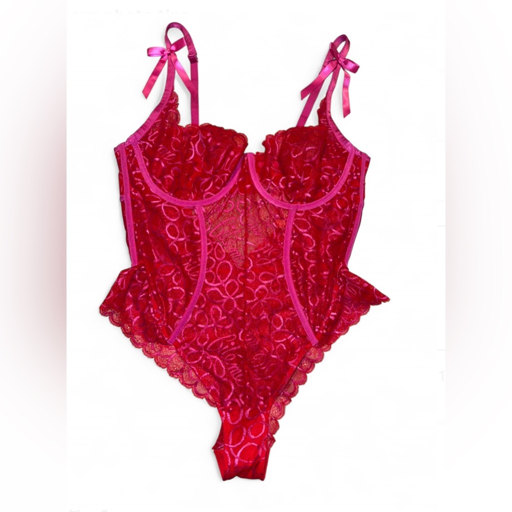 Savage X Fenty Red and Pink Lace Bodysuit
